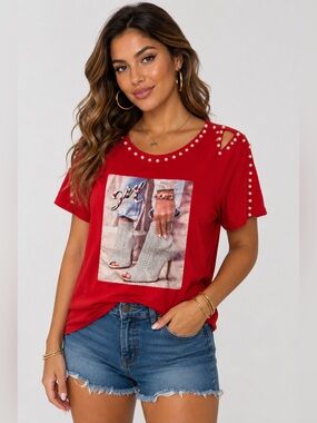 Vivid XL Red Pearl Embellished Graphic Tee Fashion Boot Print Top